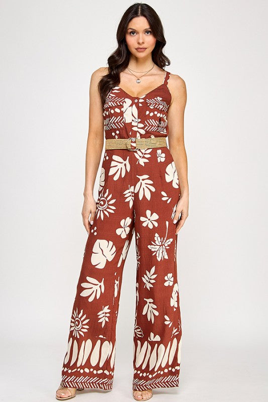 BORDER PRINTED SLEEVELESS JUMPSUIT