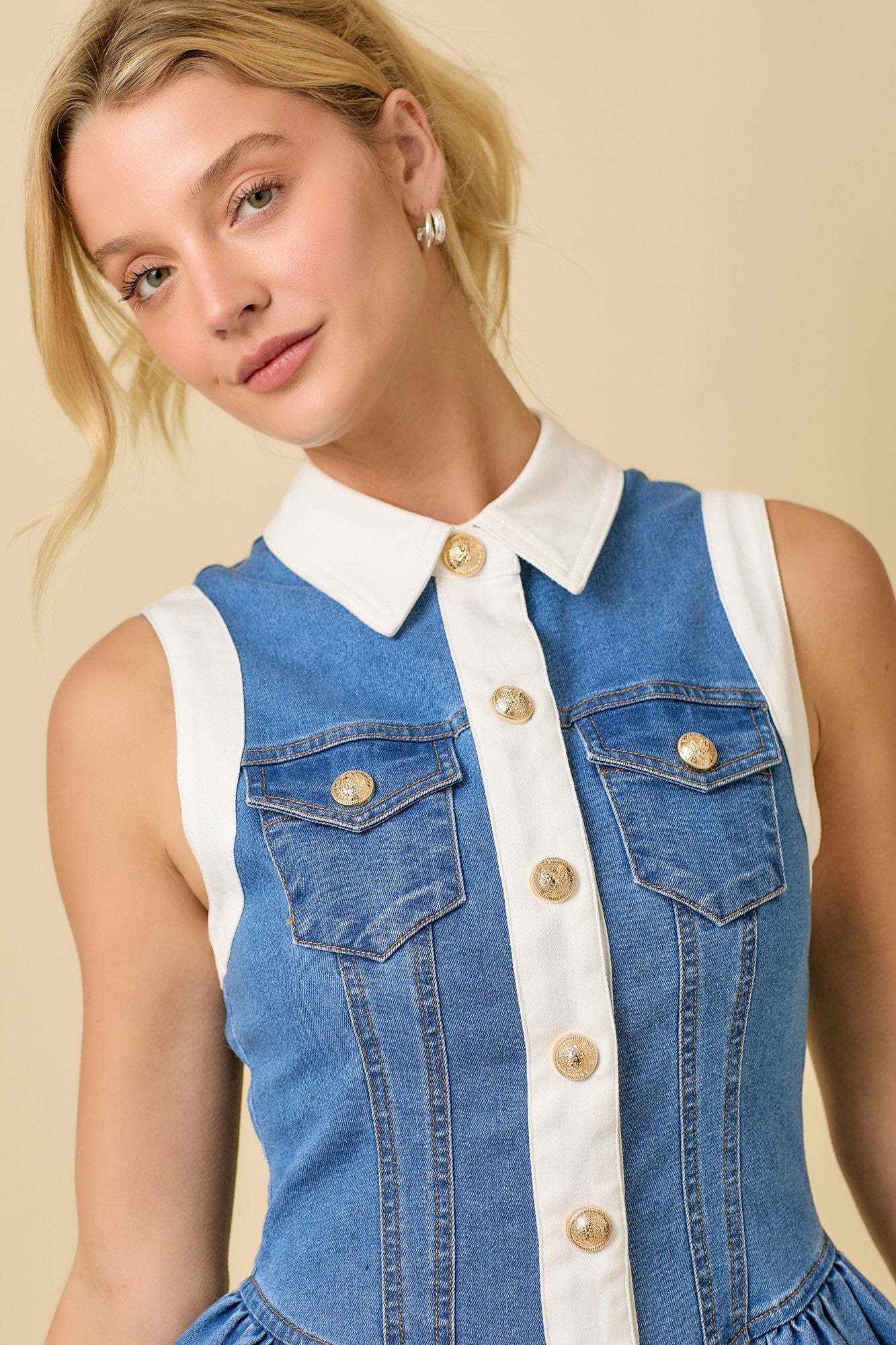 Collar Button Down Low Waist Denim Mini Dress