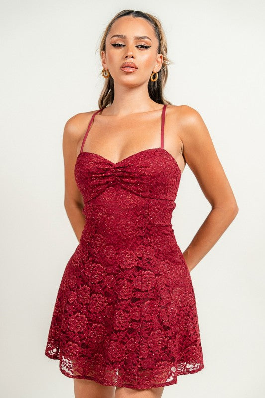 METALLIC LACE FLARE MINI PARTY DRESS