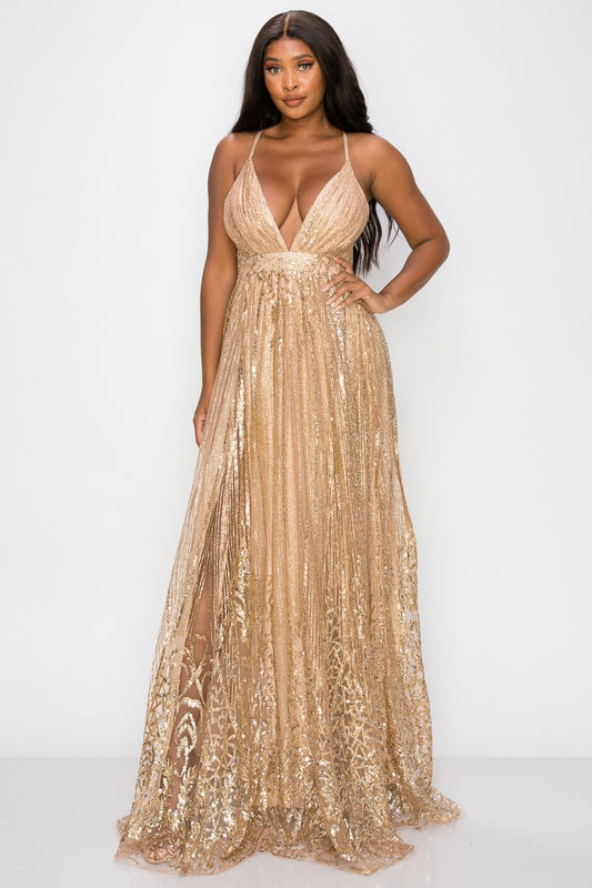 Sequence Strap Metallic Luxury Maxi Cocktail Dress
