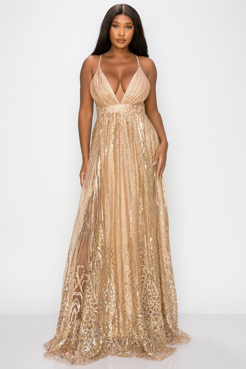Sequence Strap Metallic Luxury Maxi Cocktail Dress
