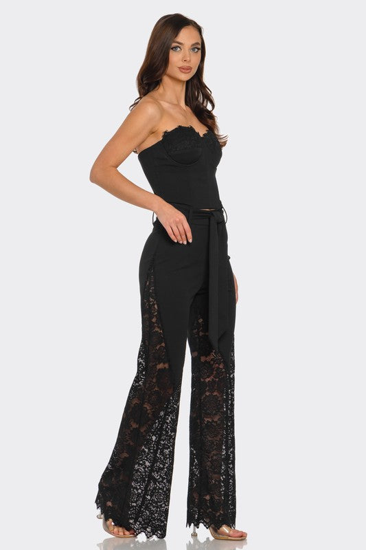 STRAPLESS CORSET WITH WIDE LEG LACE PANTS SET