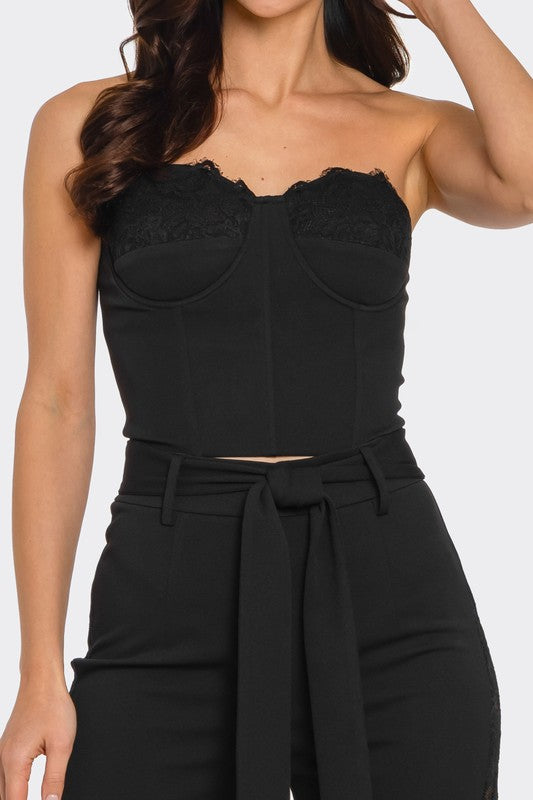 STRAPLESS CORSET WITH WIDE LEG LACE PANTS SET