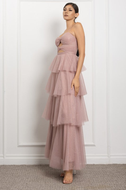 SPAGHETTI STRAP FRONT KEY HOLE DETAIL TIERED MAXI COCKTAIL DRESS