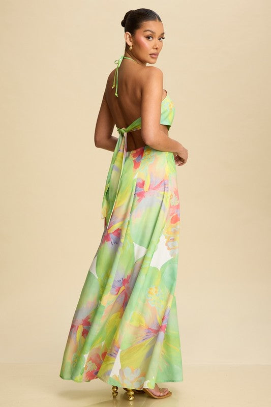 VIOLA PRINTED SATIN HALTER MAXI DRESS