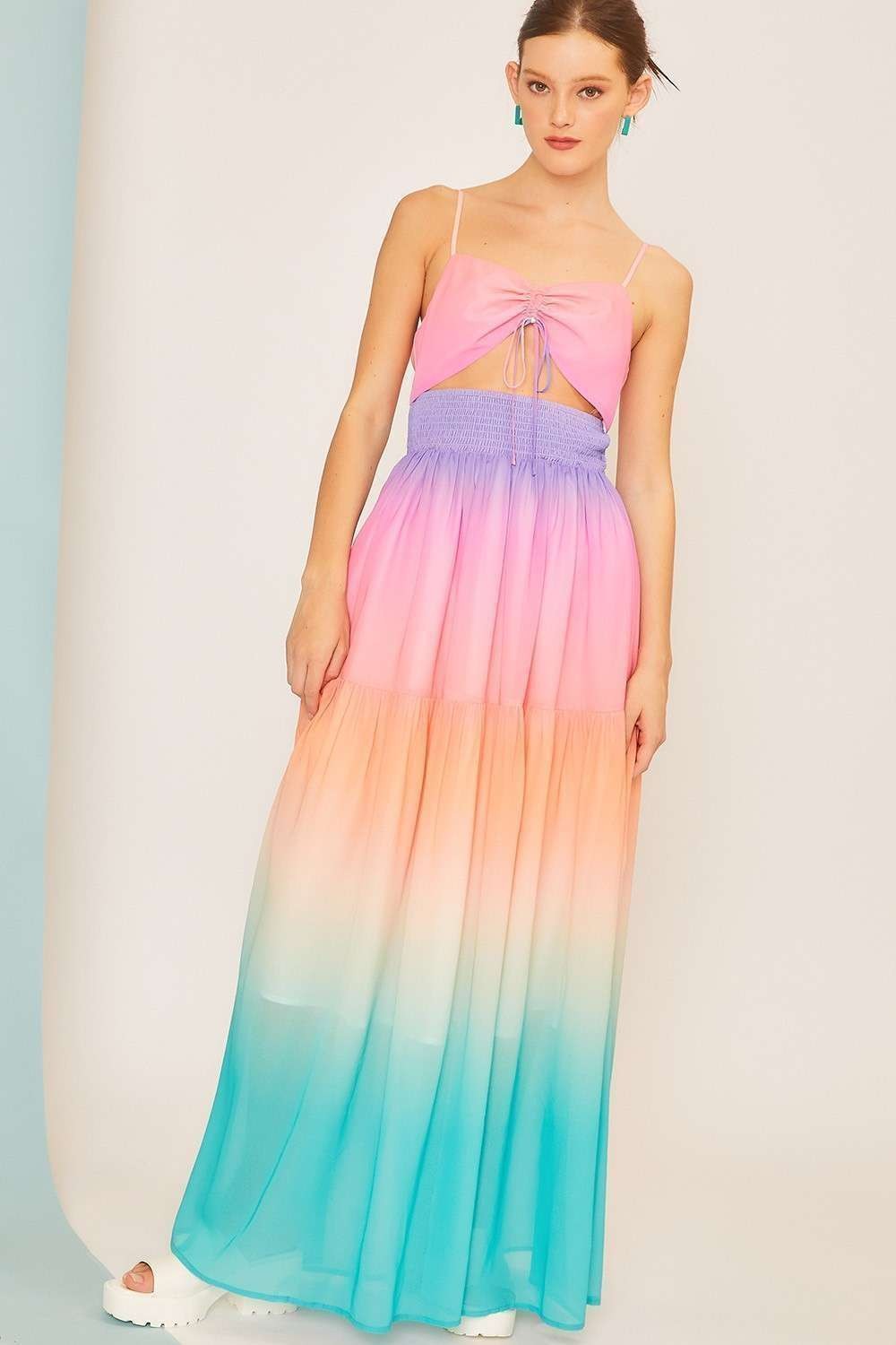 Tie Waist Smoking Ombre Print Summer Maxi Dress