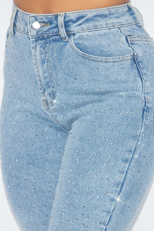 SPARKS RHINESTONE DISTRESSED HIGH RISE DENIM PANTS