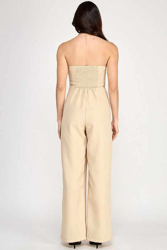 EMBROIDERED STRAPLESS JUMPSUIT