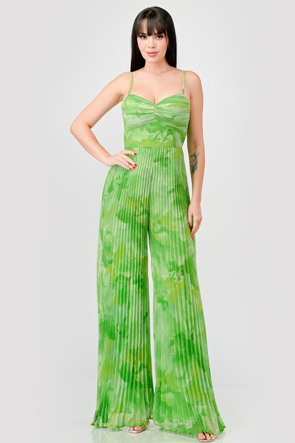 Abstract Pleated Chiffon Print Wide Legs Jumpsuit