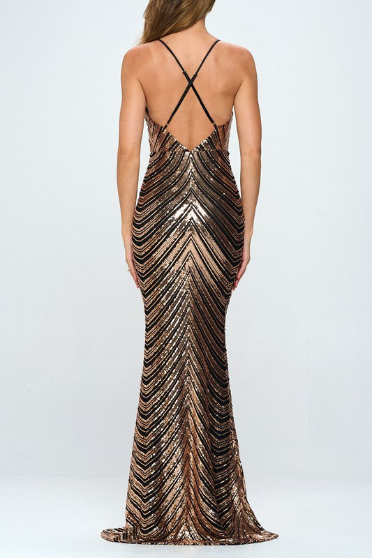 SEQUIN X CROSSBACK MERMAID MAXI COCKTAIL DRESS