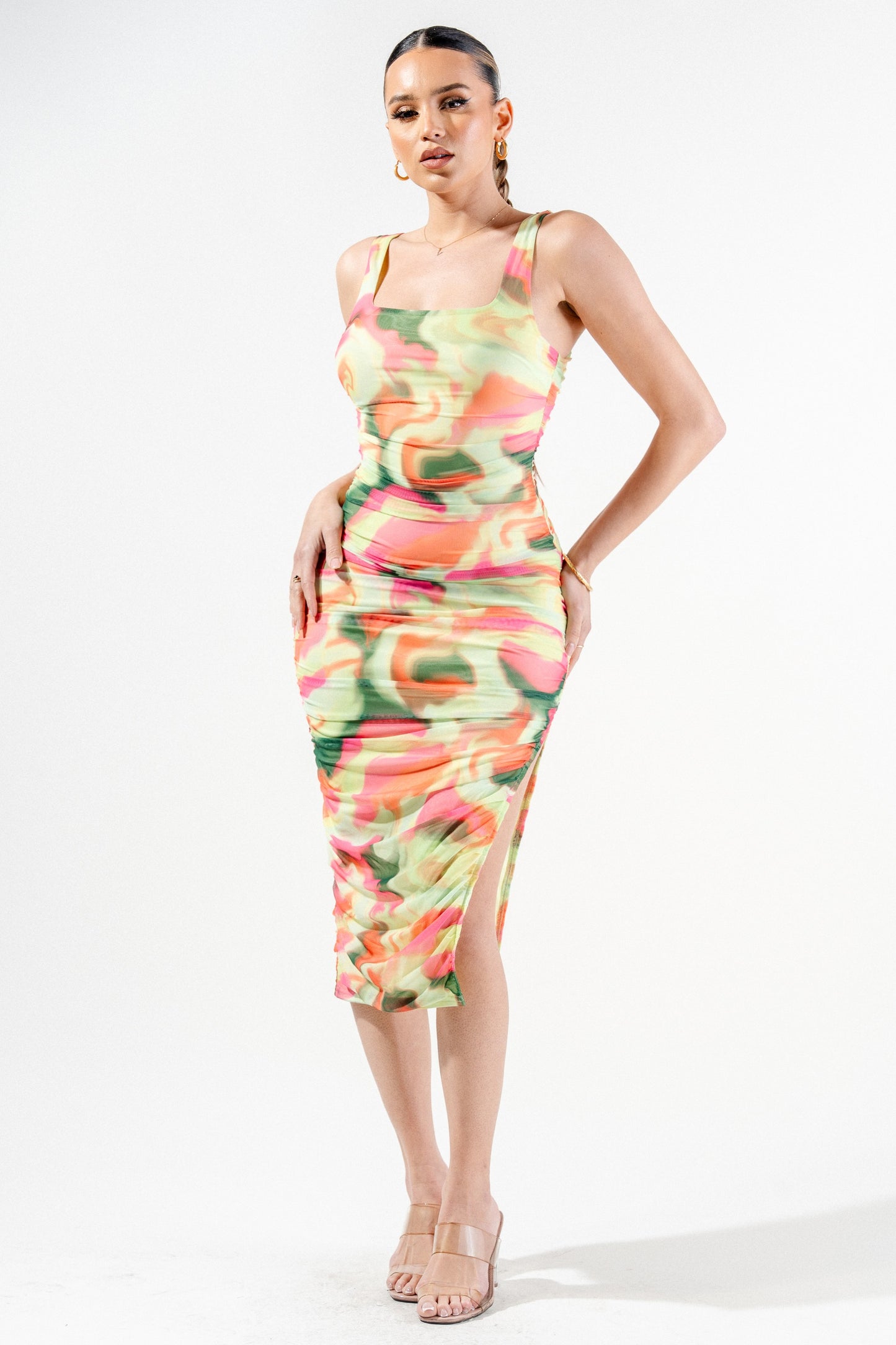 Sexy Multi Colors Marbles Print Mesh Midi Dress
