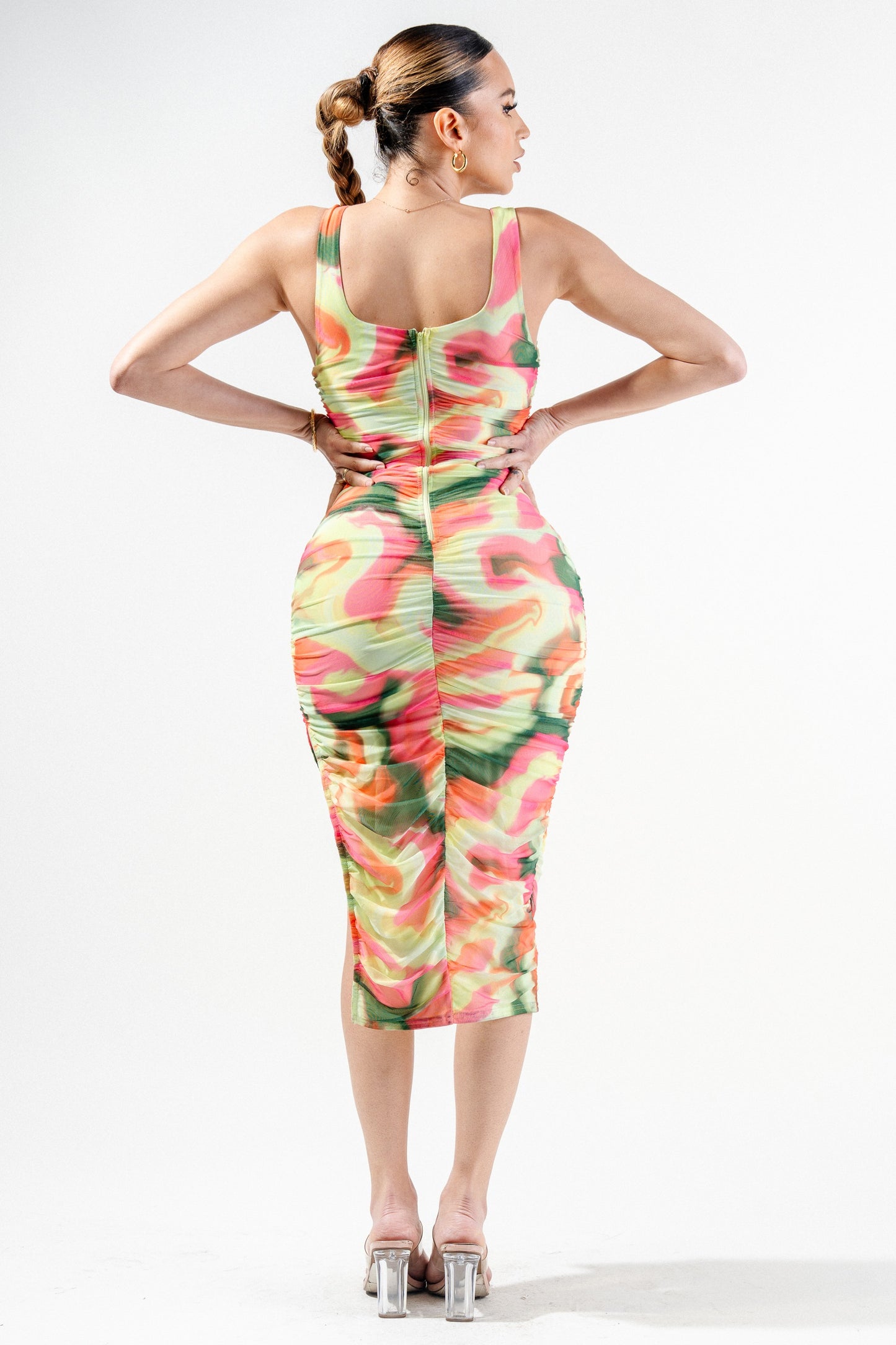 Sexy Multi Colors Marbles Print Mesh Midi Dress