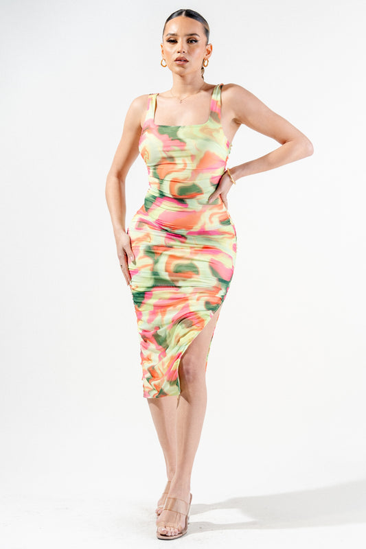 Sexy Multi Colors Marbles Print Mesh Midi Dress