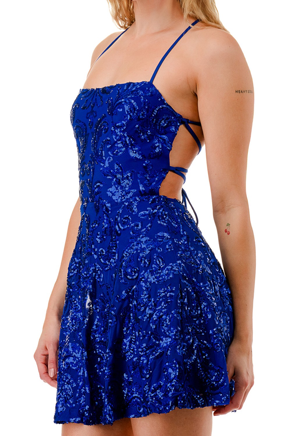 Sequin Embellished Flared Crossed Back Mini Dress