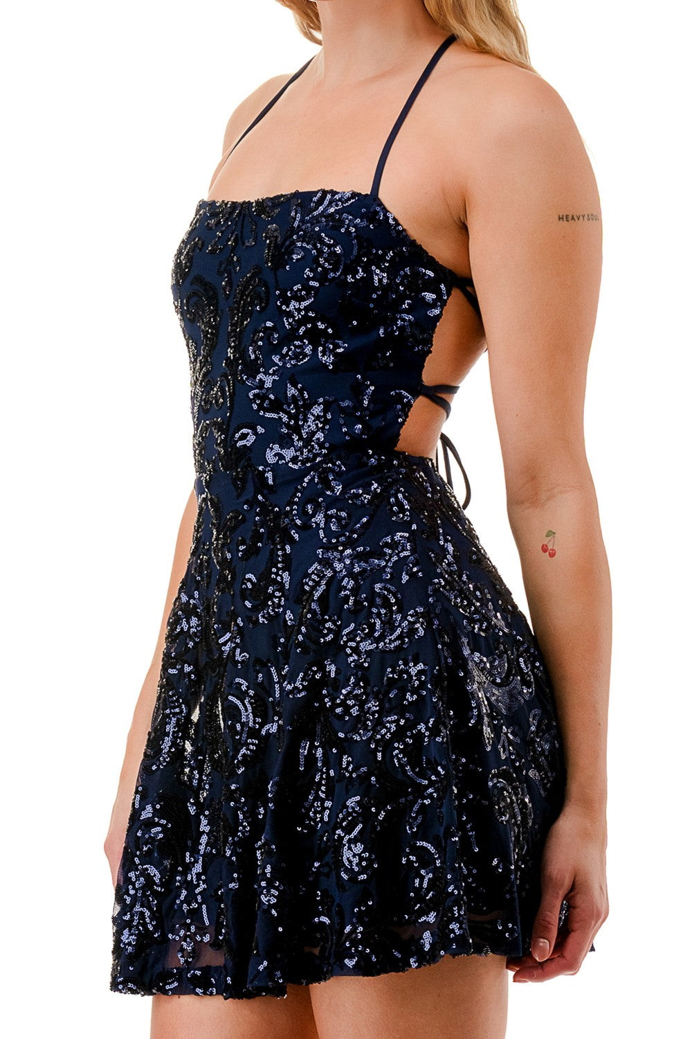 Sequin Embellished Flared Crossed Back Mini Dress