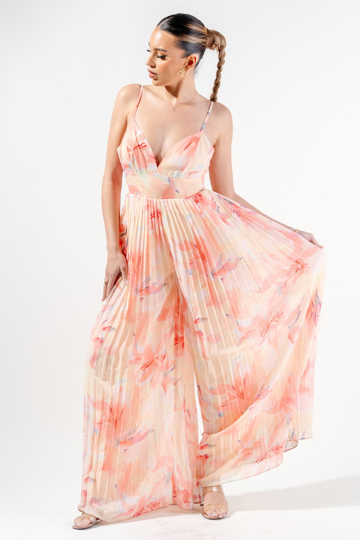 Romantic Floral Chiffon Winkled Palazzo Jumpsuit