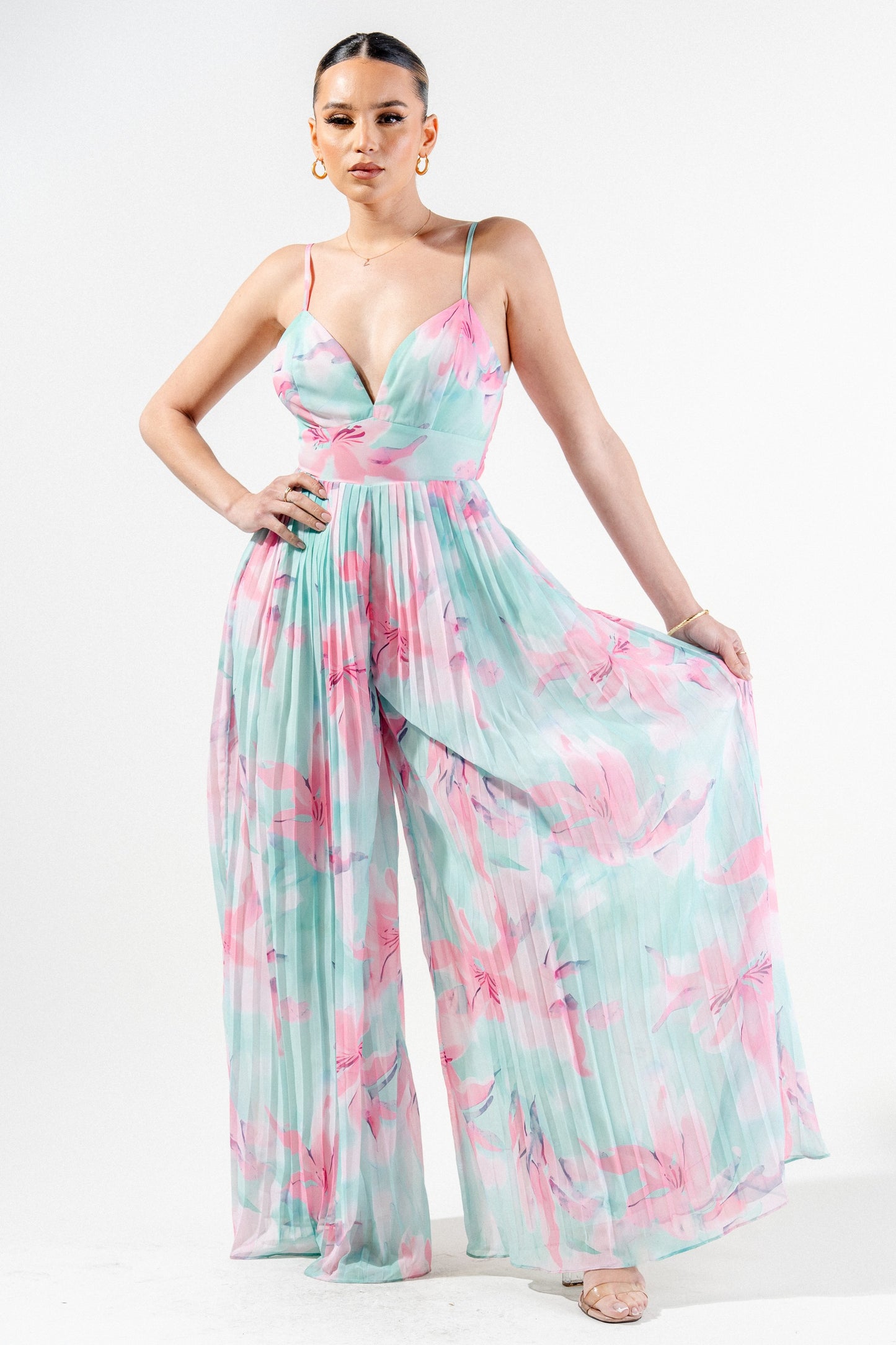 Romantic Floral Chiffon Winkled Palazzo Jumpsuit