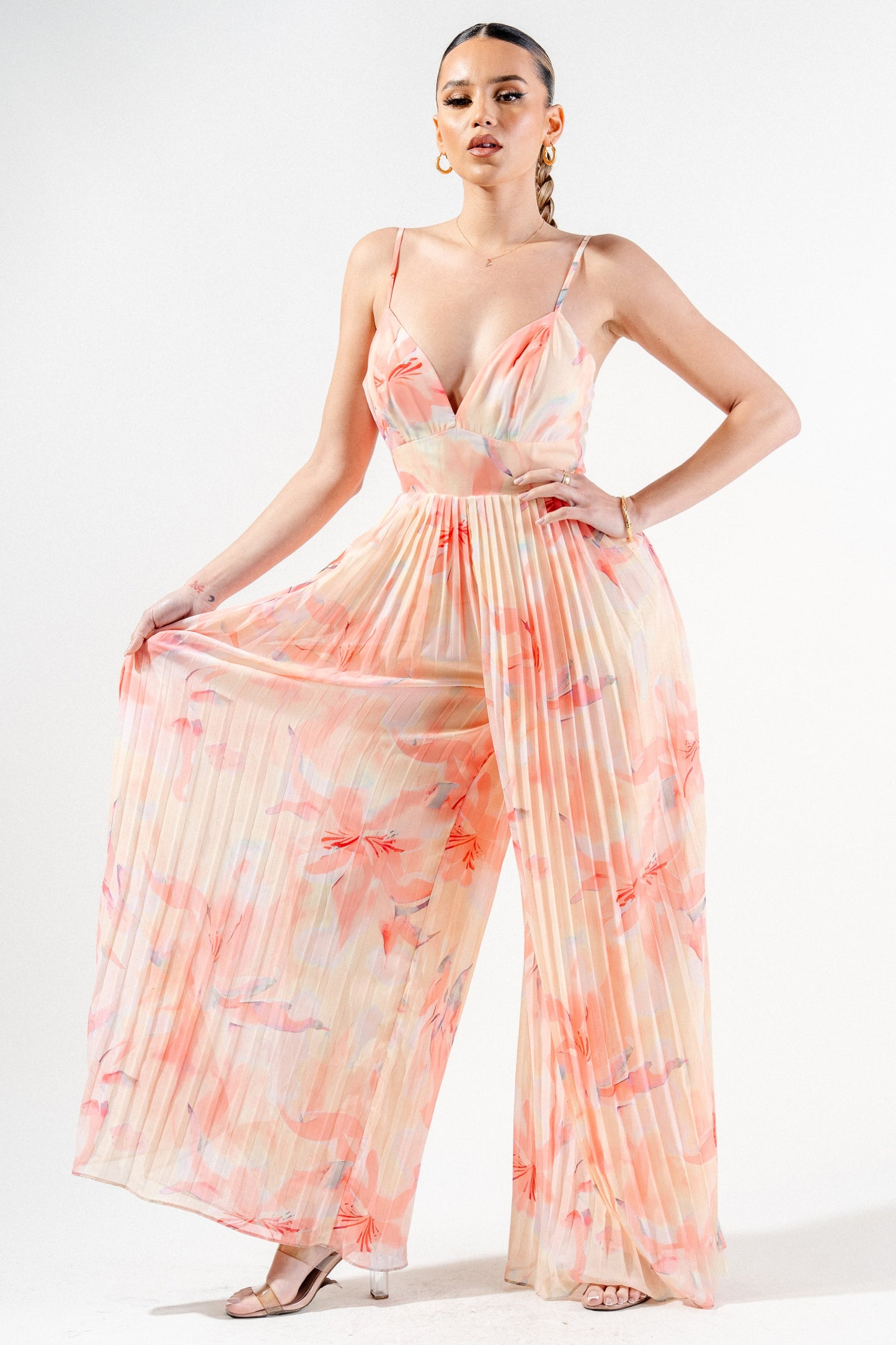 Romantic Floral Chiffon Winkled Palazzo Jumpsuit