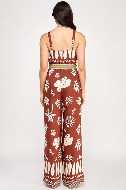 BORDER PRINTED SLEEVELESS JUMPSUIT