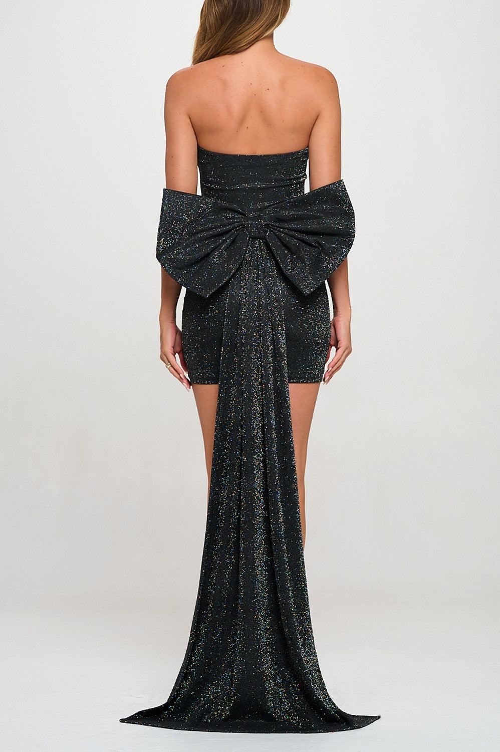 GLITTER BOW TRAIN BODYCON MINI PARTY DRESS