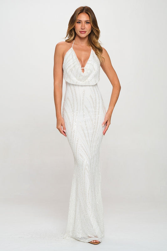 Sequins Cowl Neck Lace Up Mermaid Maxi Cocktail Dress