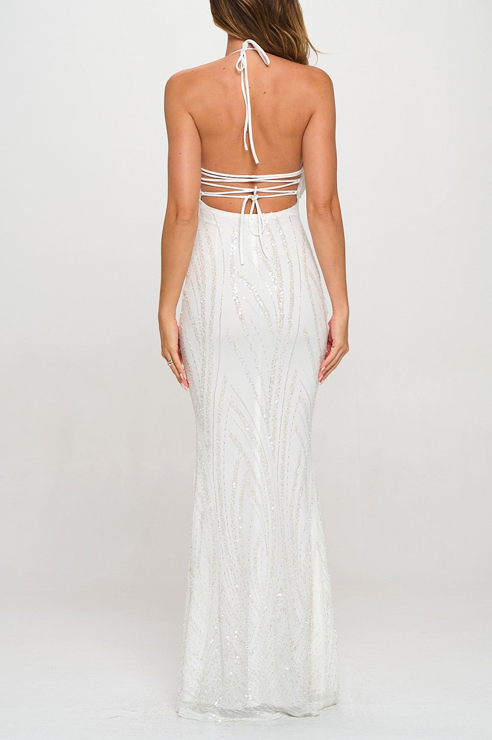 Sequins Cowl Neck Lace Up Mermaid Maxi Cocktail Dress