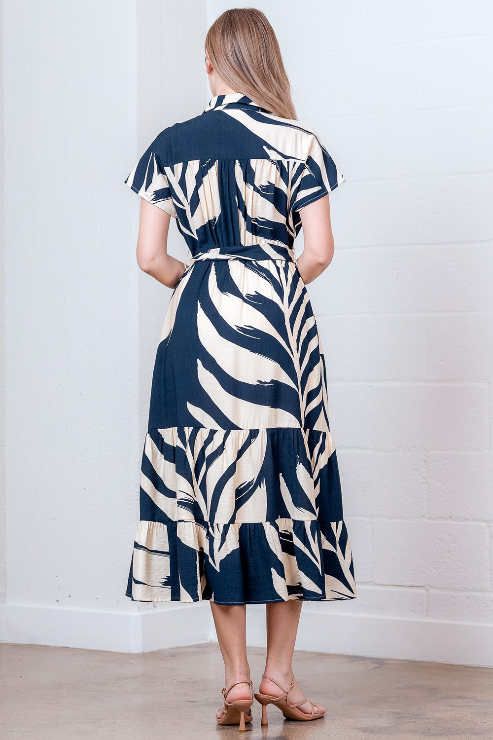 Printed Short Slvs Button Down Shirt Dress W/ Belt
