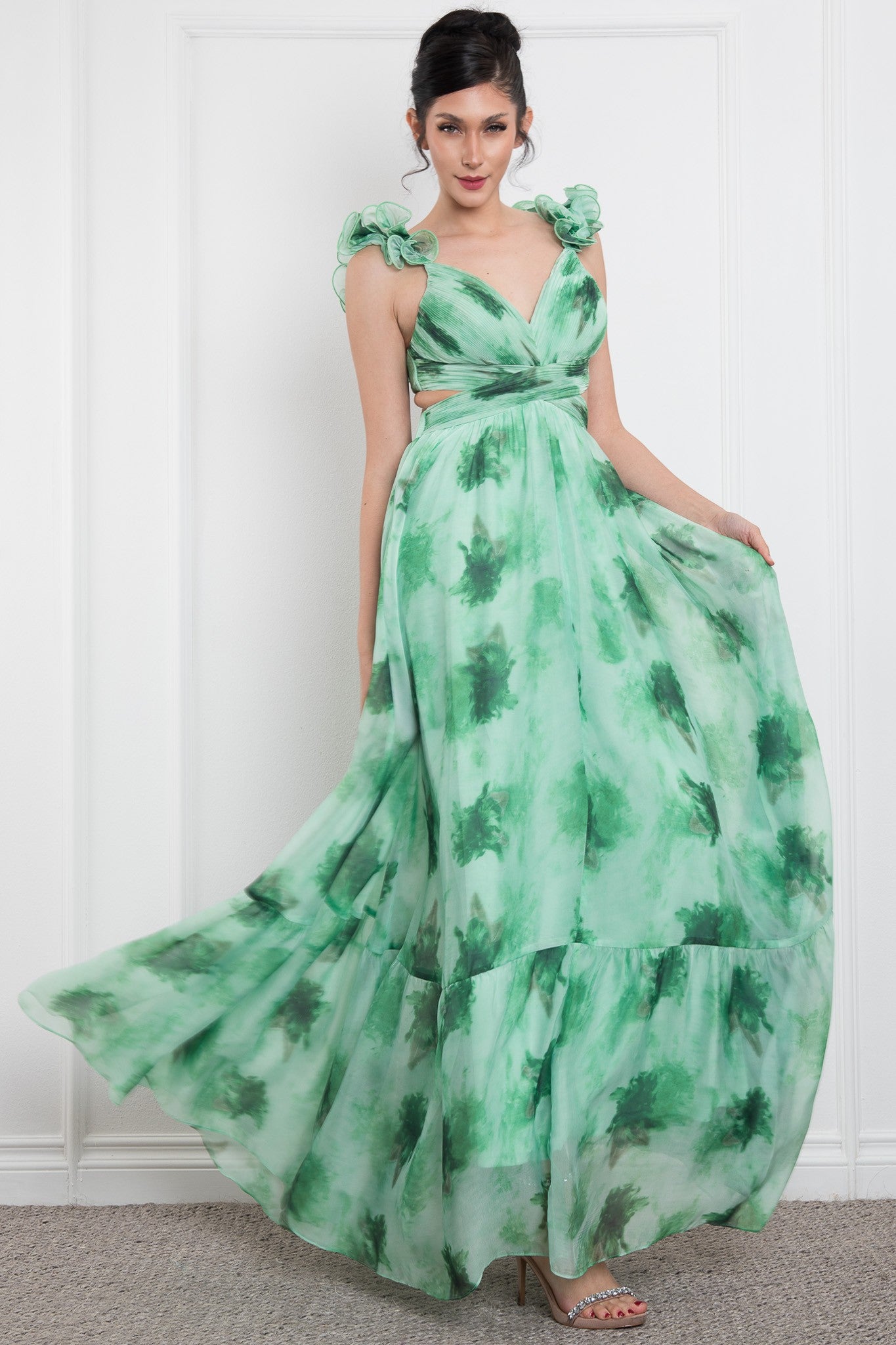 Open Side Ruffle Shoudler Sleeveless Maxi Dress