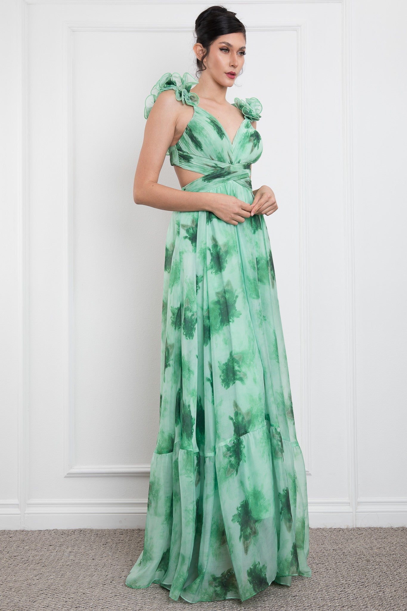Open Side Ruffle Shoudler Sleeveless Maxi Dress