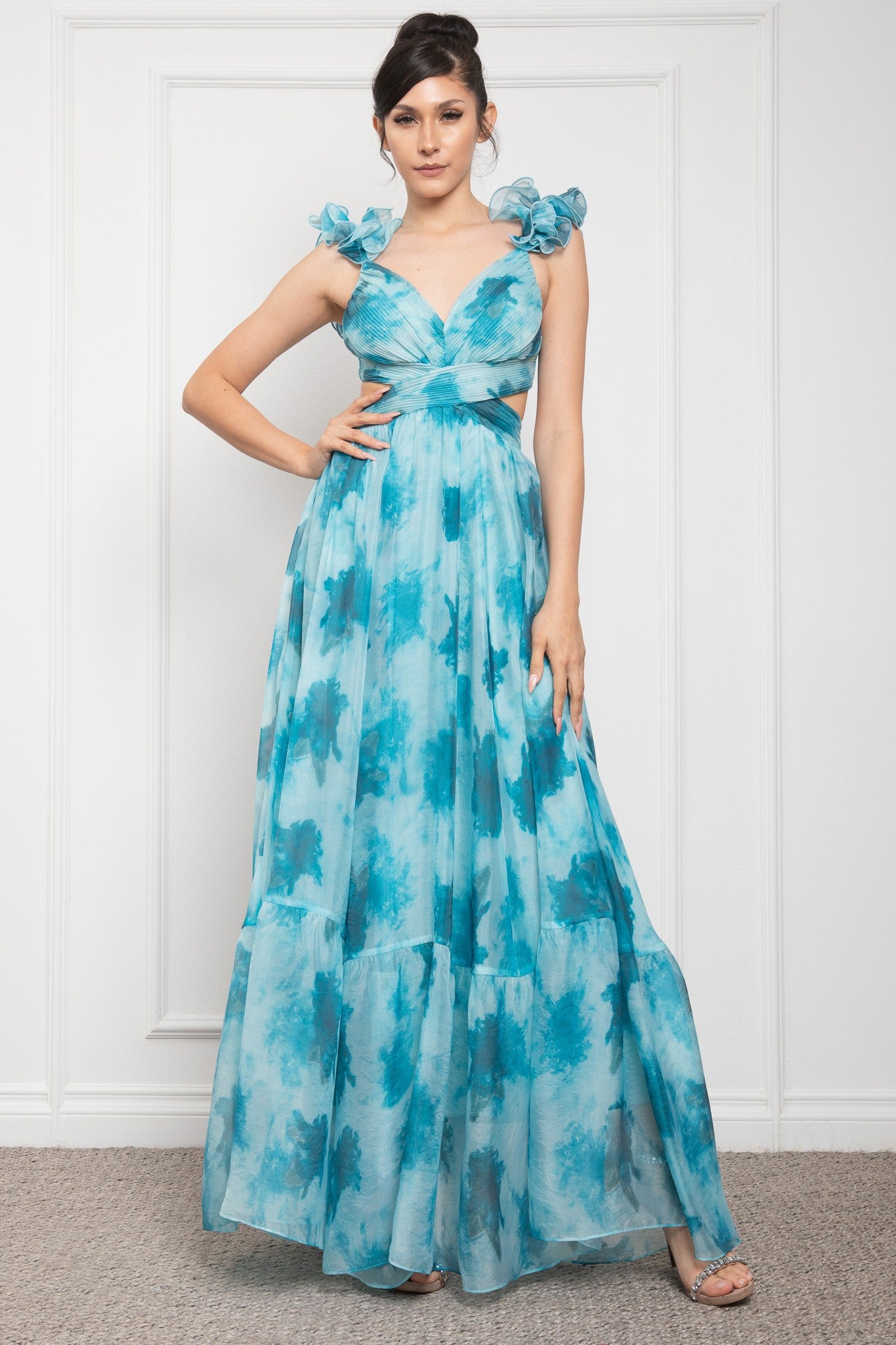 Open Side Ruffle Shoudler Sleeveless Maxi Dress