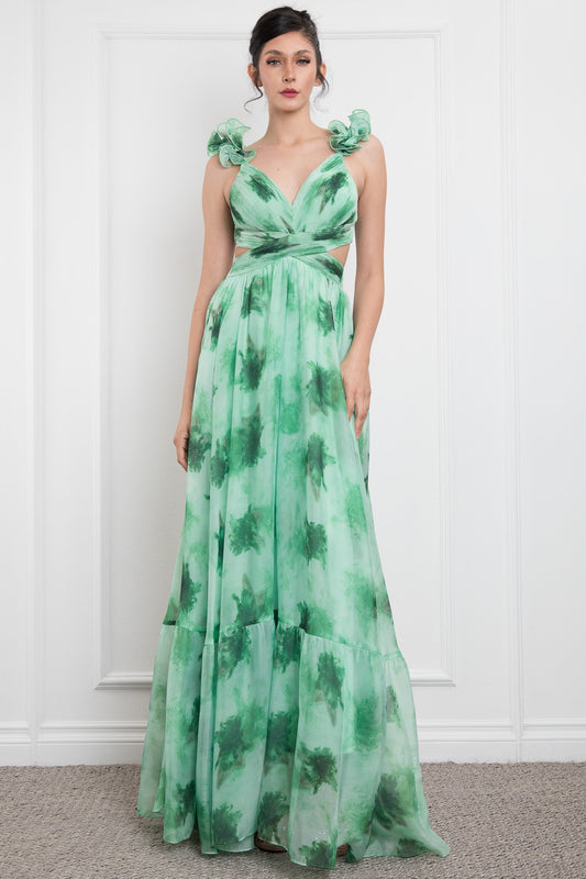 Open Side Ruffle Shoudler Sleeveless Maxi Dress