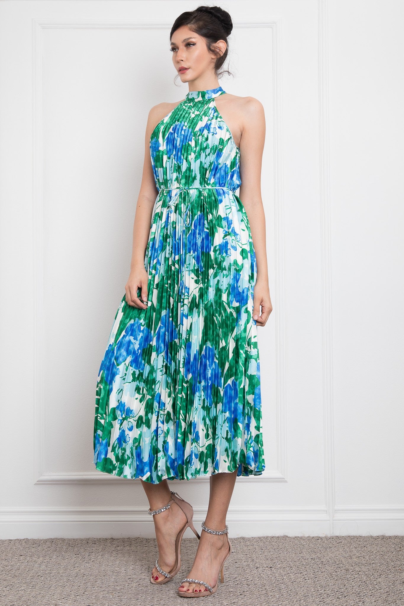 Pleated Halter Neck Printed Satin Midi Dress