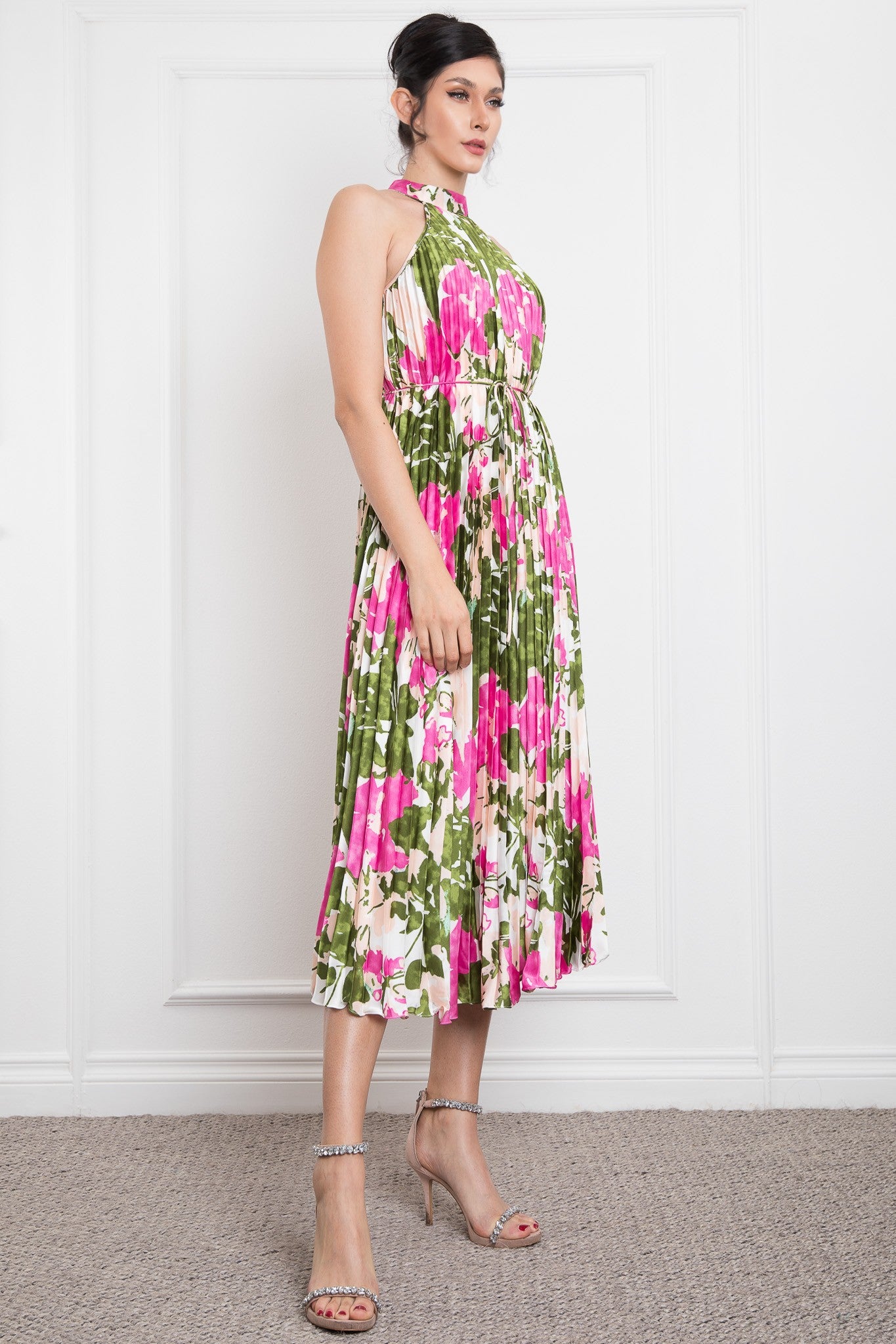 Pleated Halter Neck Printed Satin Midi Dress