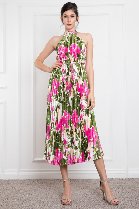 Pleated Halter Neck Printed Satin Midi Dress