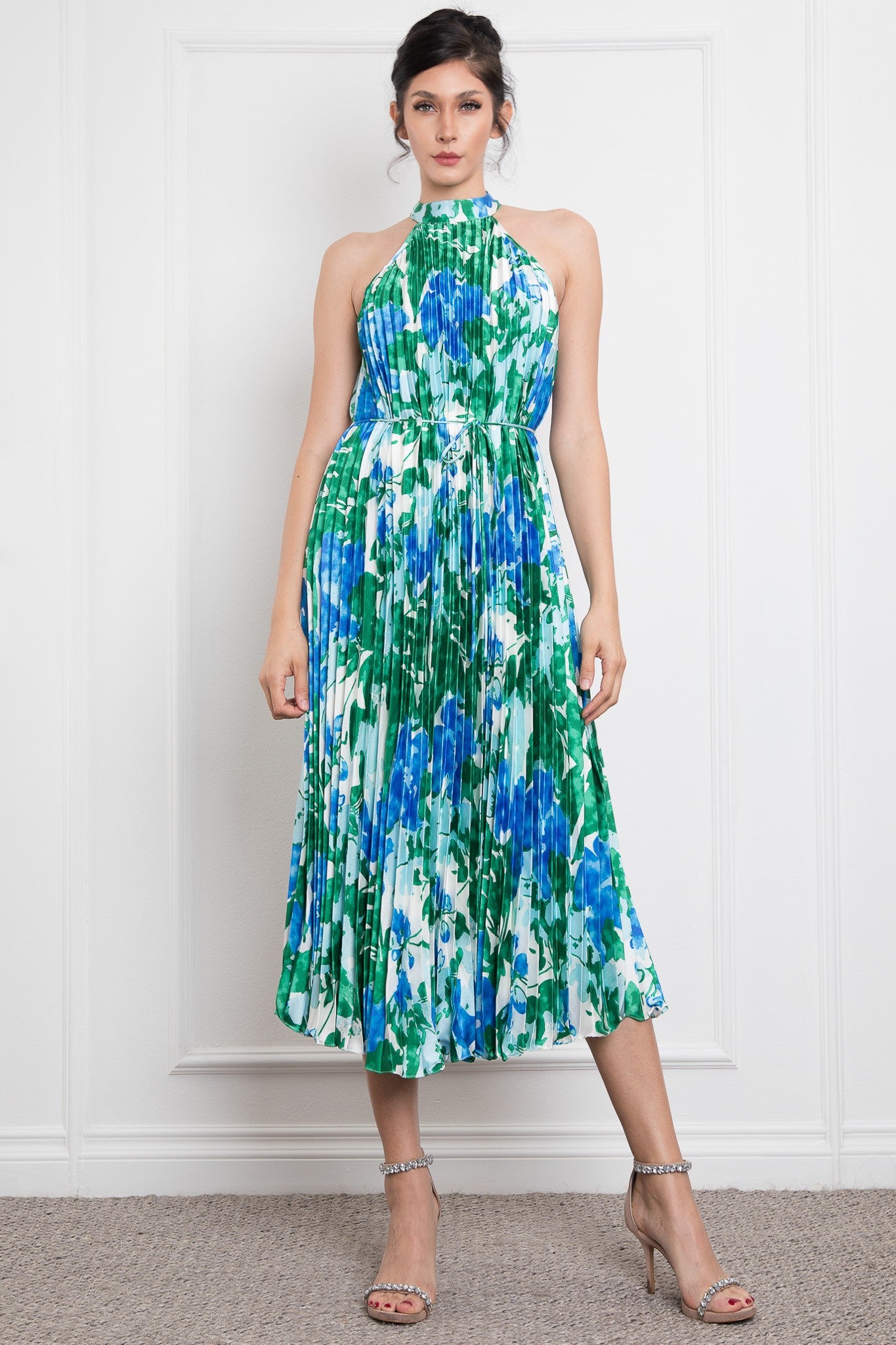 Pleated Halter Neck Printed Satin Midi Dress