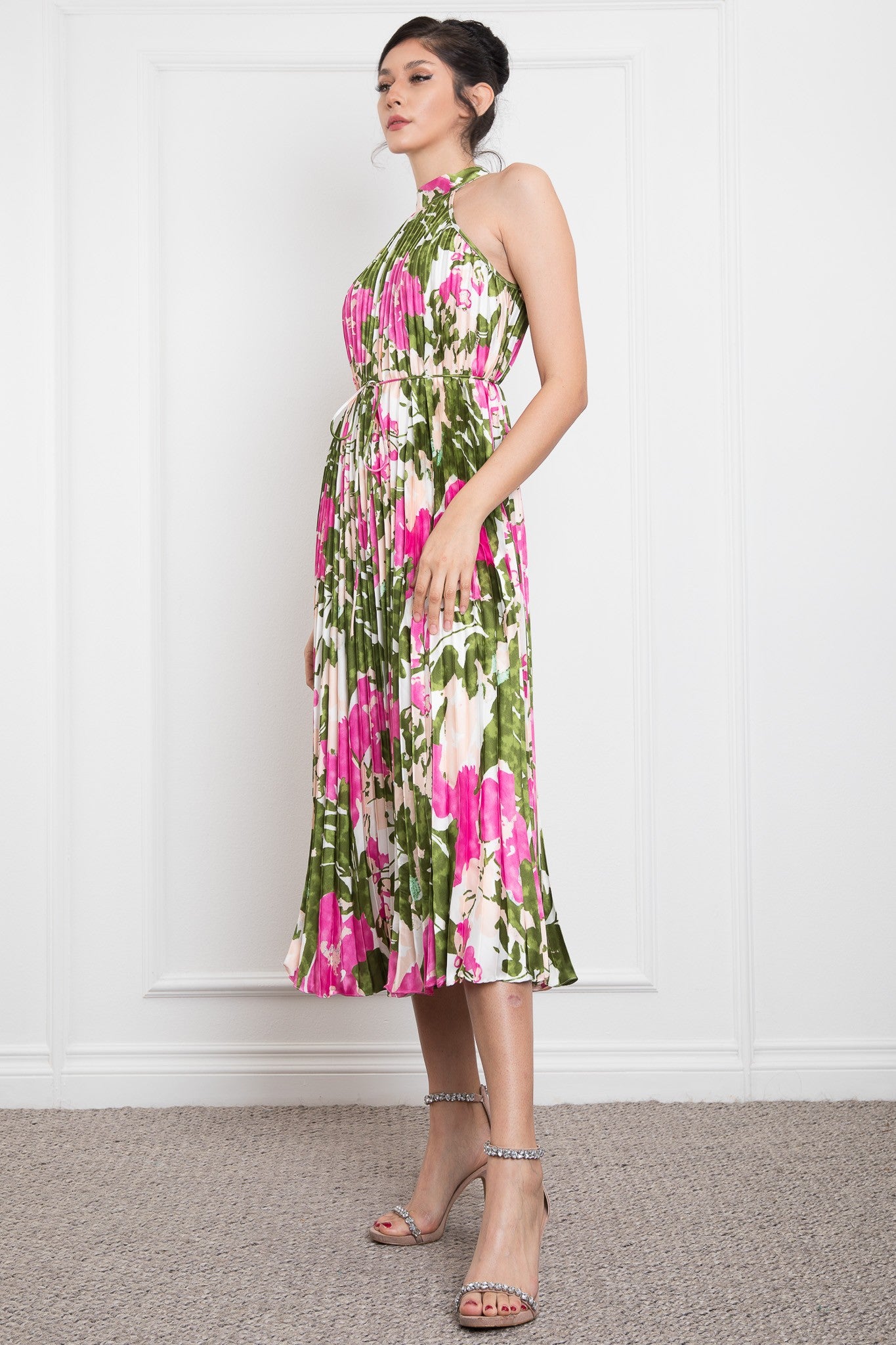 Pleated Halter Neck Printed Satin Midi Dress