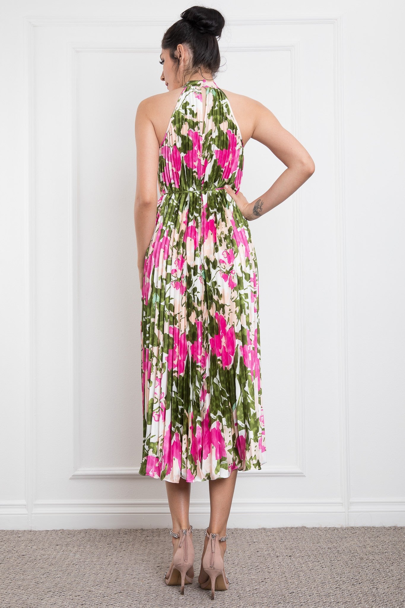 Pleated Halter Neck Printed Satin Midi Dress
