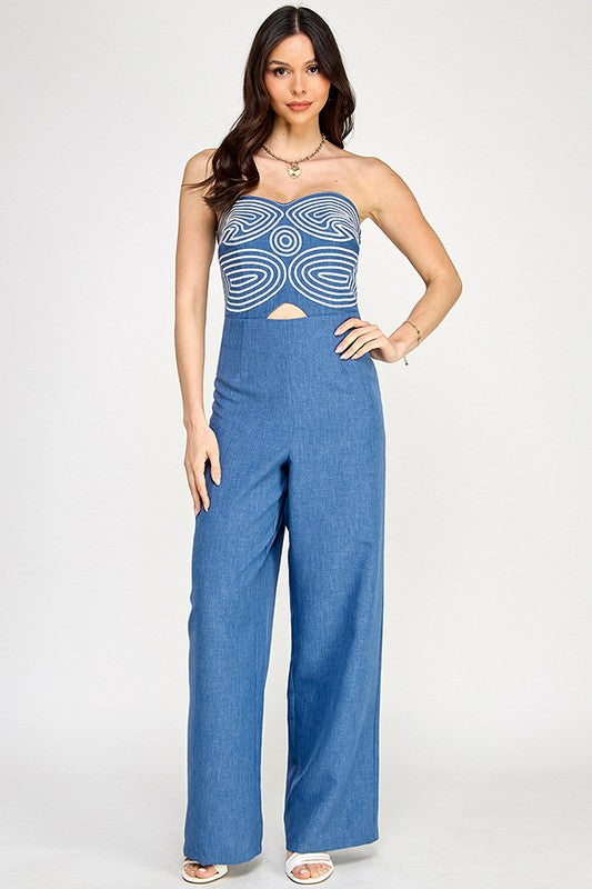 EMBROIDERED STRAPLESS JUMPSUIT