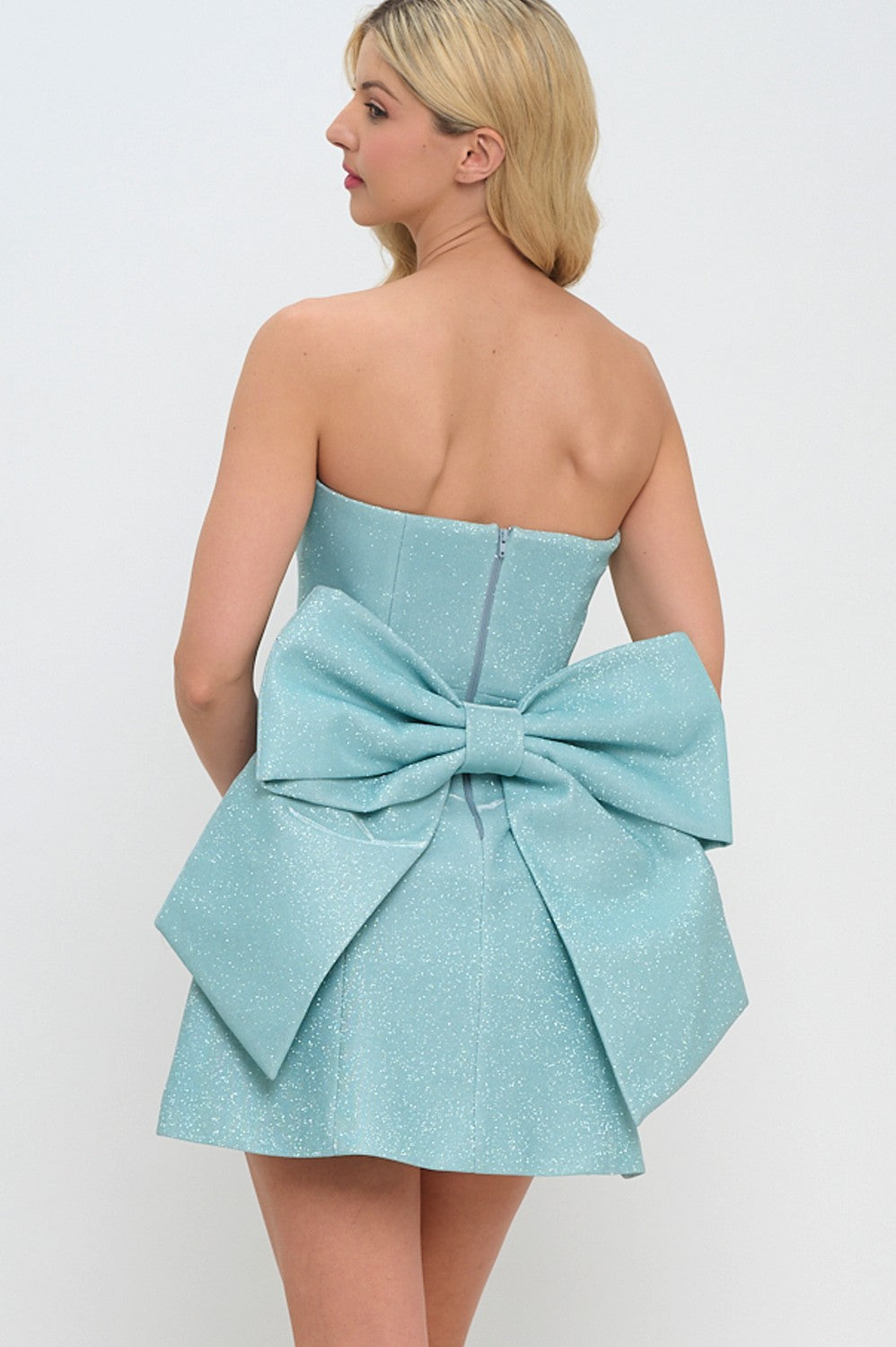 Glitter Back Bow Mini Cocktail Dress