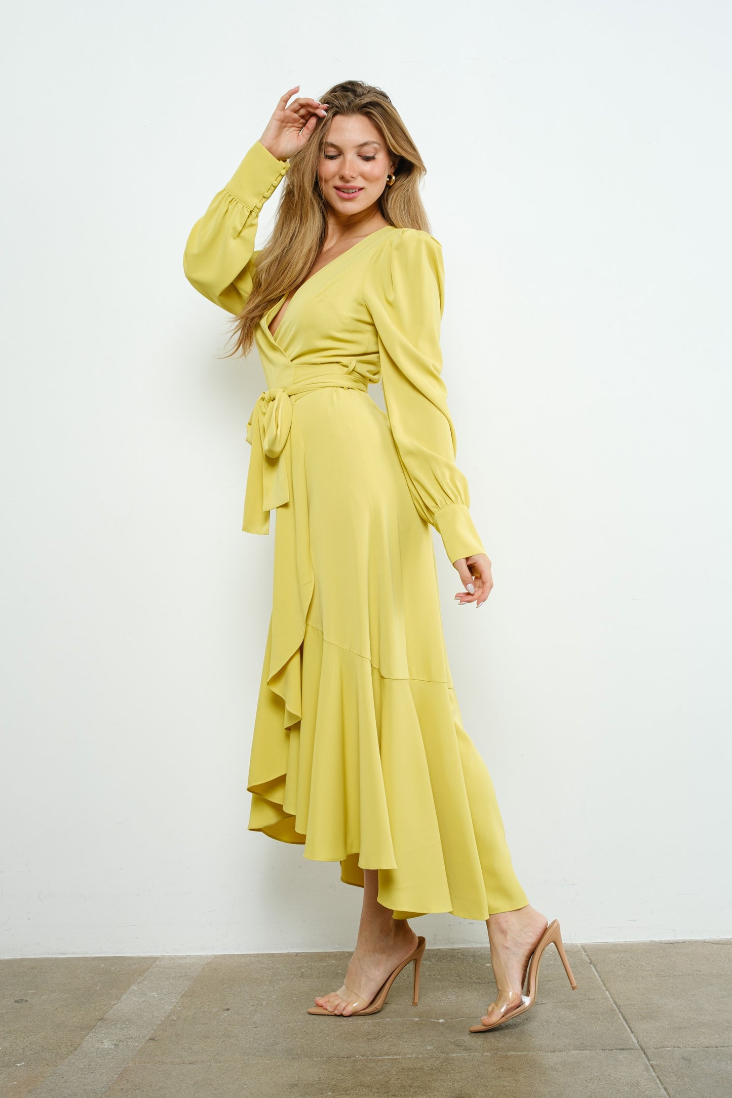 Asymmetric Ruffle Wrap Dress