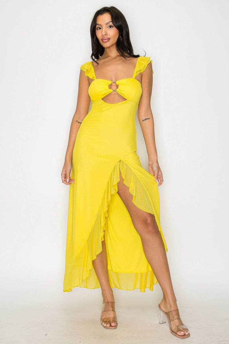 Solid Cut Out Slit Ruffle Maxi Dress