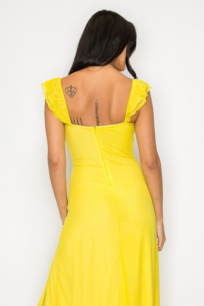 Solid Cut Out Slit Ruffle Maxi Dress