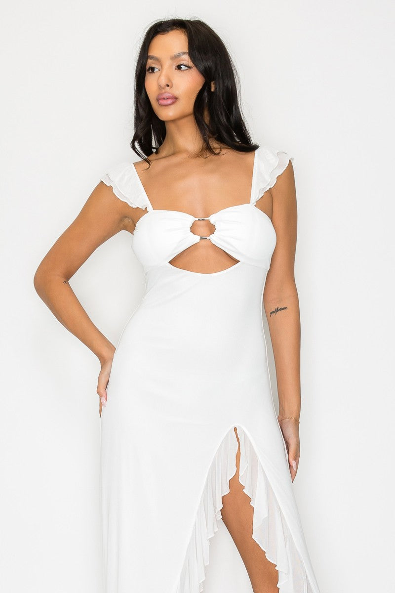 Solid Cut Out Slit Ruffle Maxi Dress
