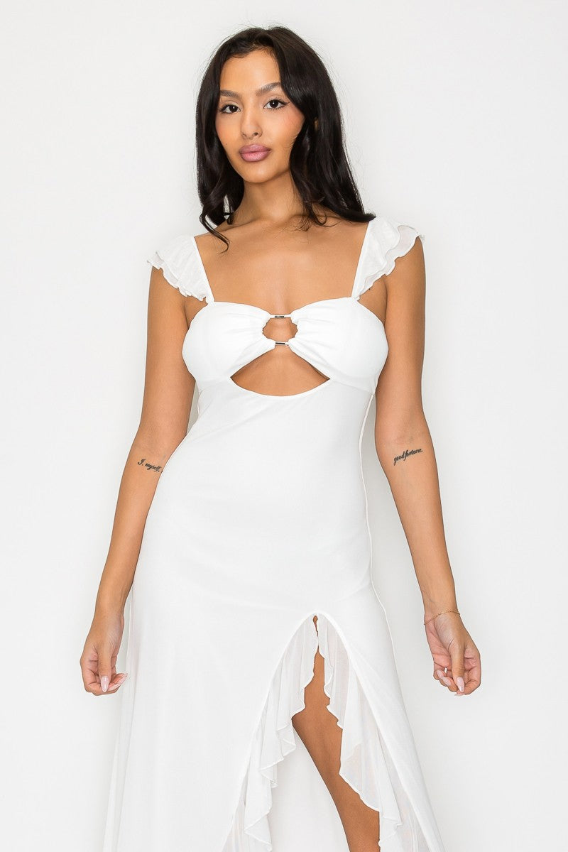 Solid Cut Out Slit Ruffle Maxi Dress