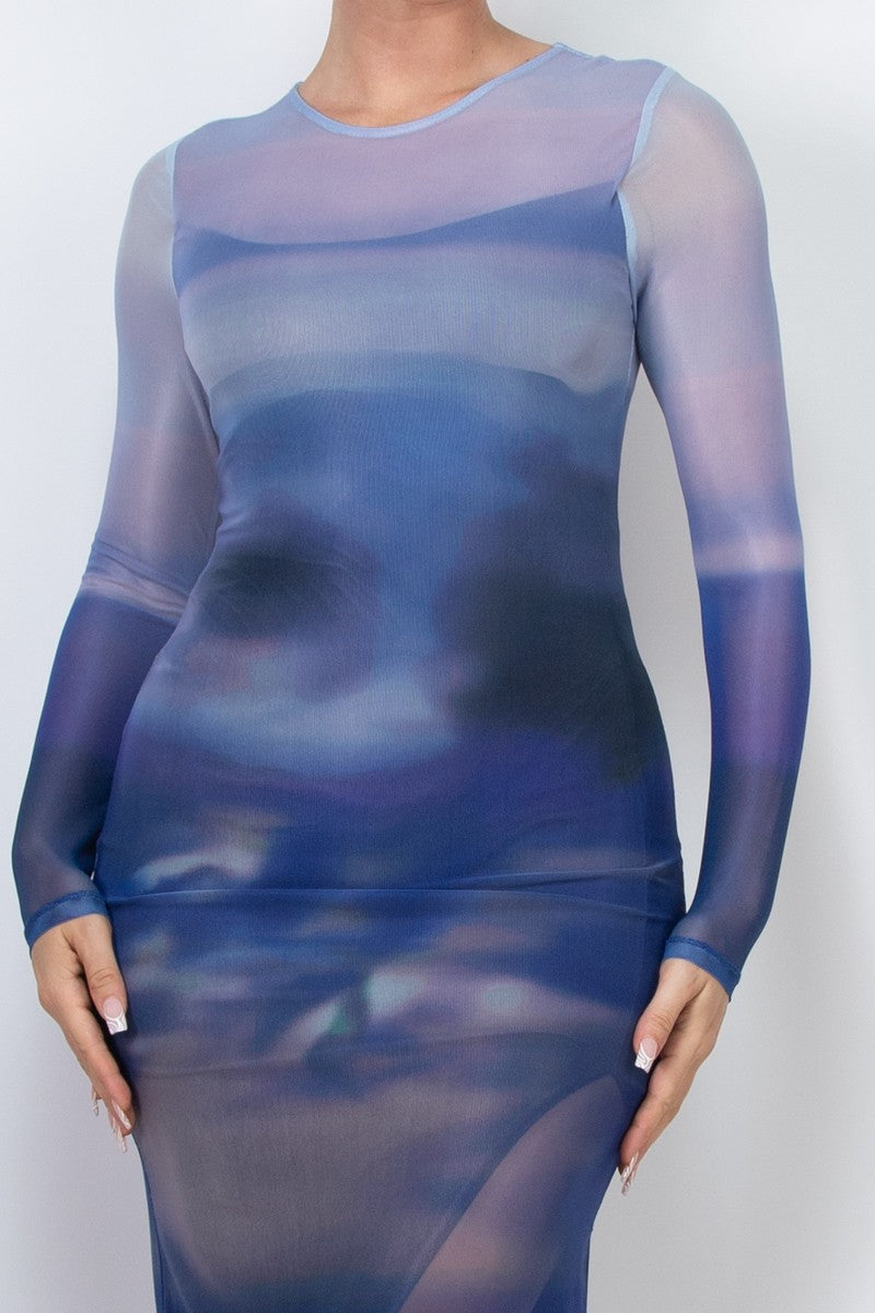 Two-layer Long Sleeve Mesh Ombre Maxi Dress