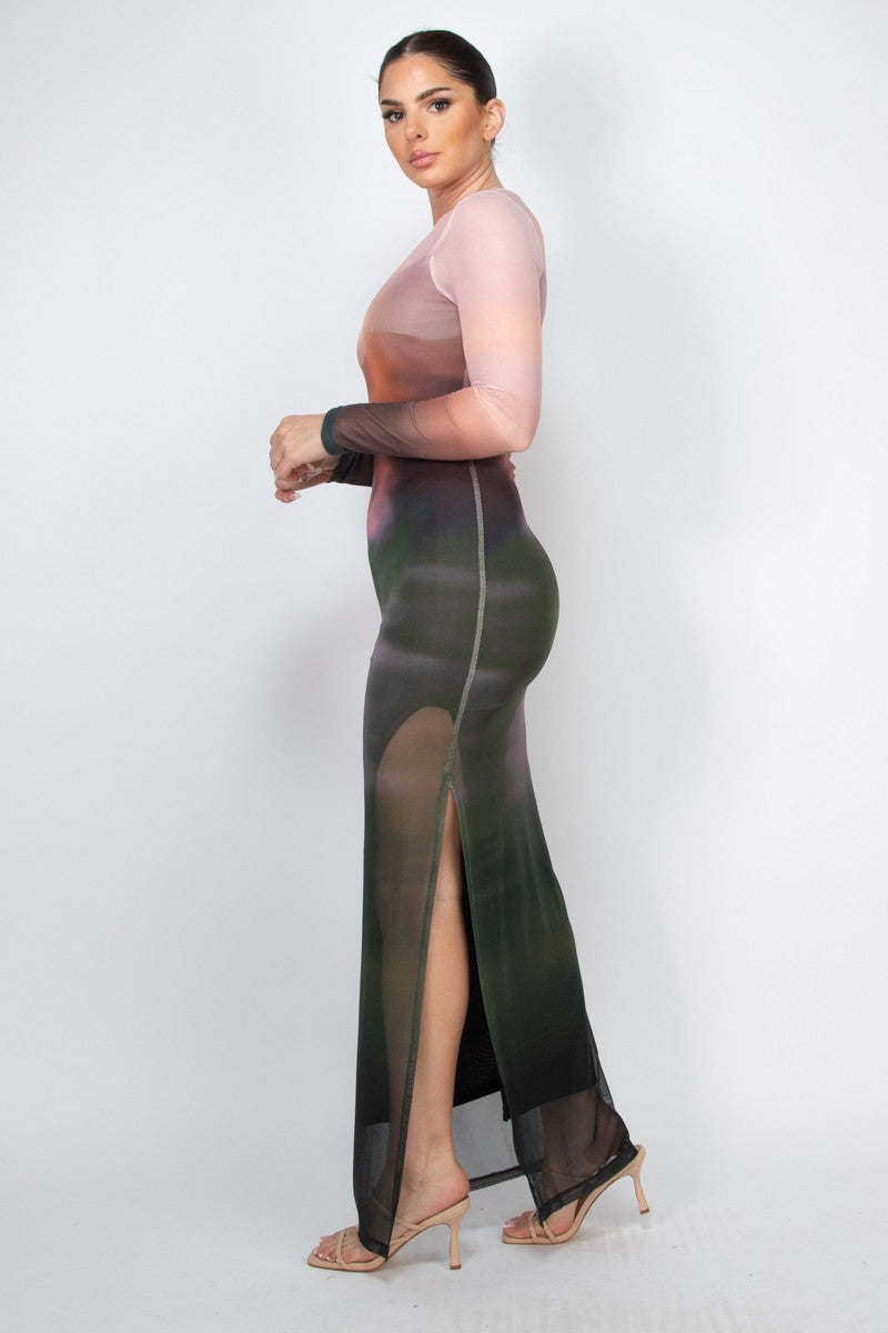 Two-layer Long Sleeve Mesh Ombre Maxi Dress