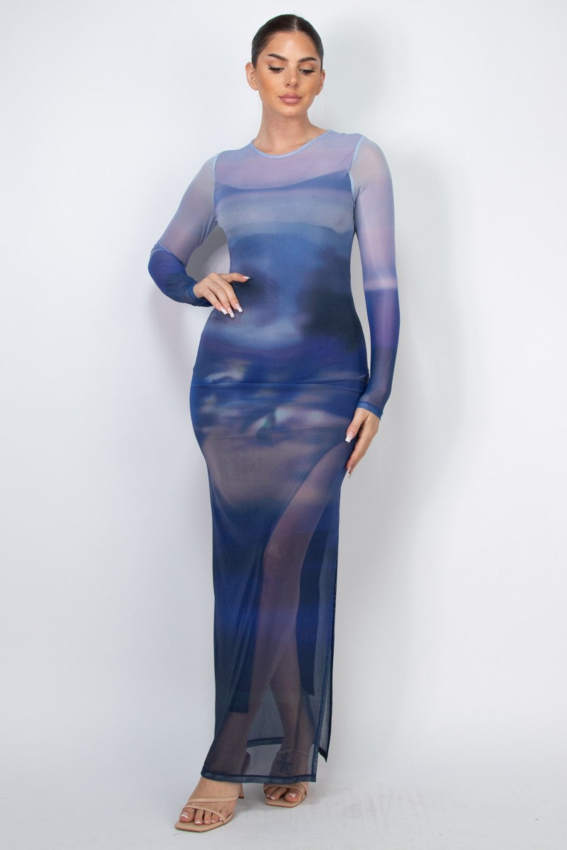 Two-layer Long Sleeve Mesh Ombre Maxi Dress