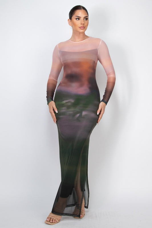 Two-layer Long Sleeve Mesh Ombre Maxi Dress