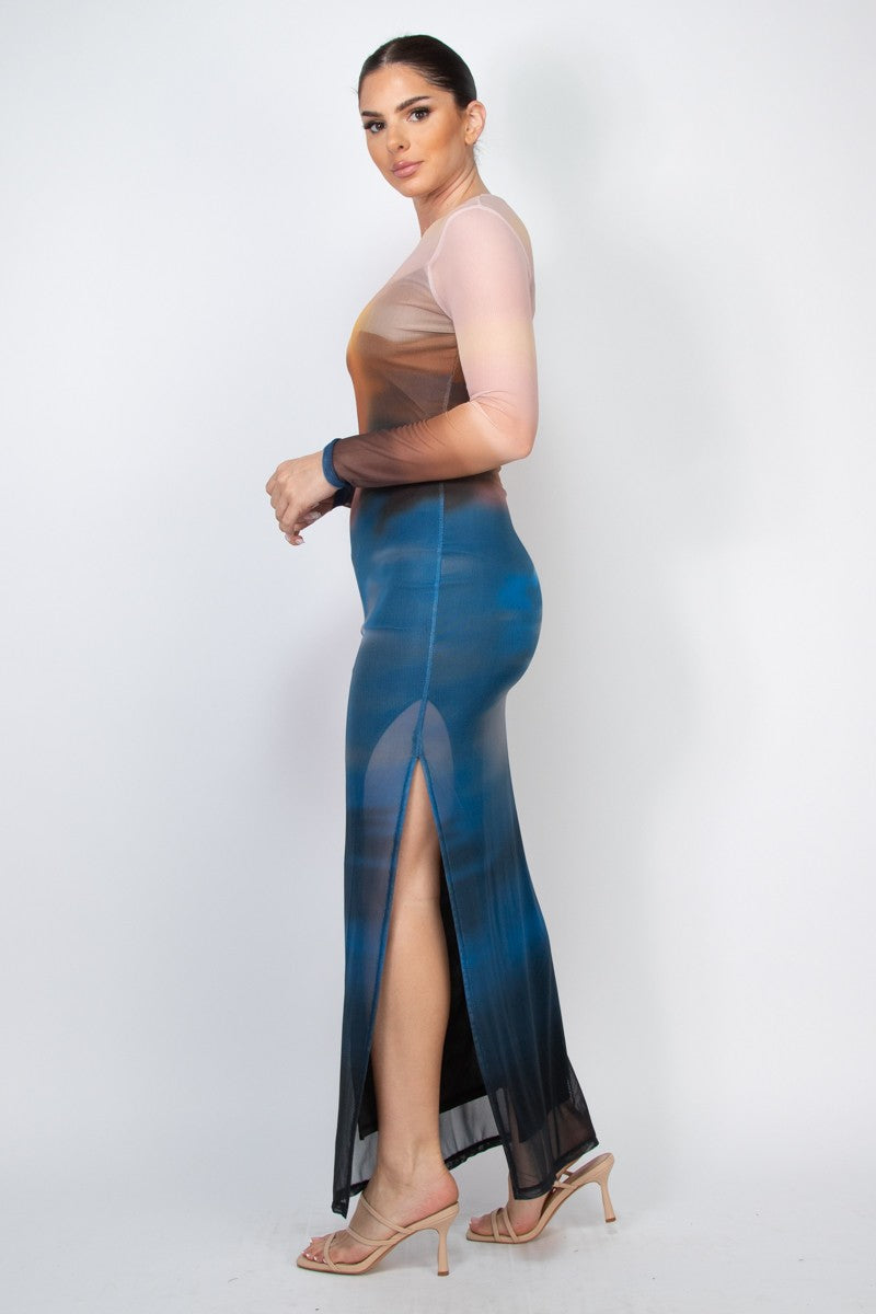 Two-layer Long Sleeve Mesh Ombre Maxi Dress
