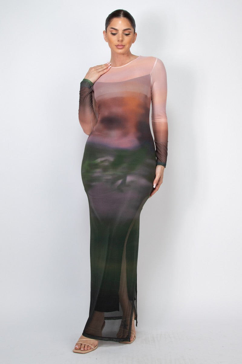 Two-layer Long Sleeve Mesh Ombre Maxi Dress